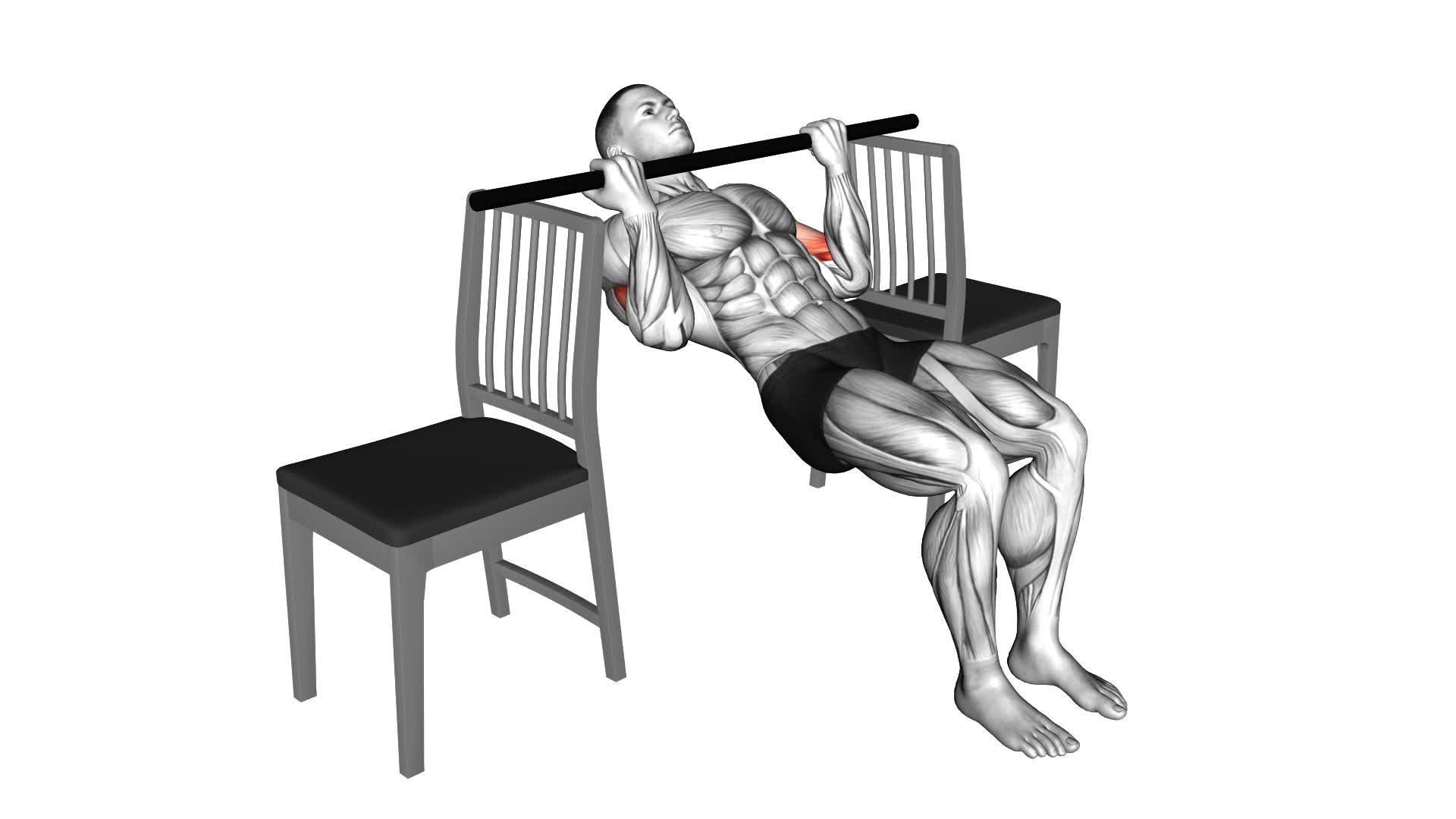 Inverted Chin Curl With Bent Knee Between Chairs - Video Exercise Guide & Tips