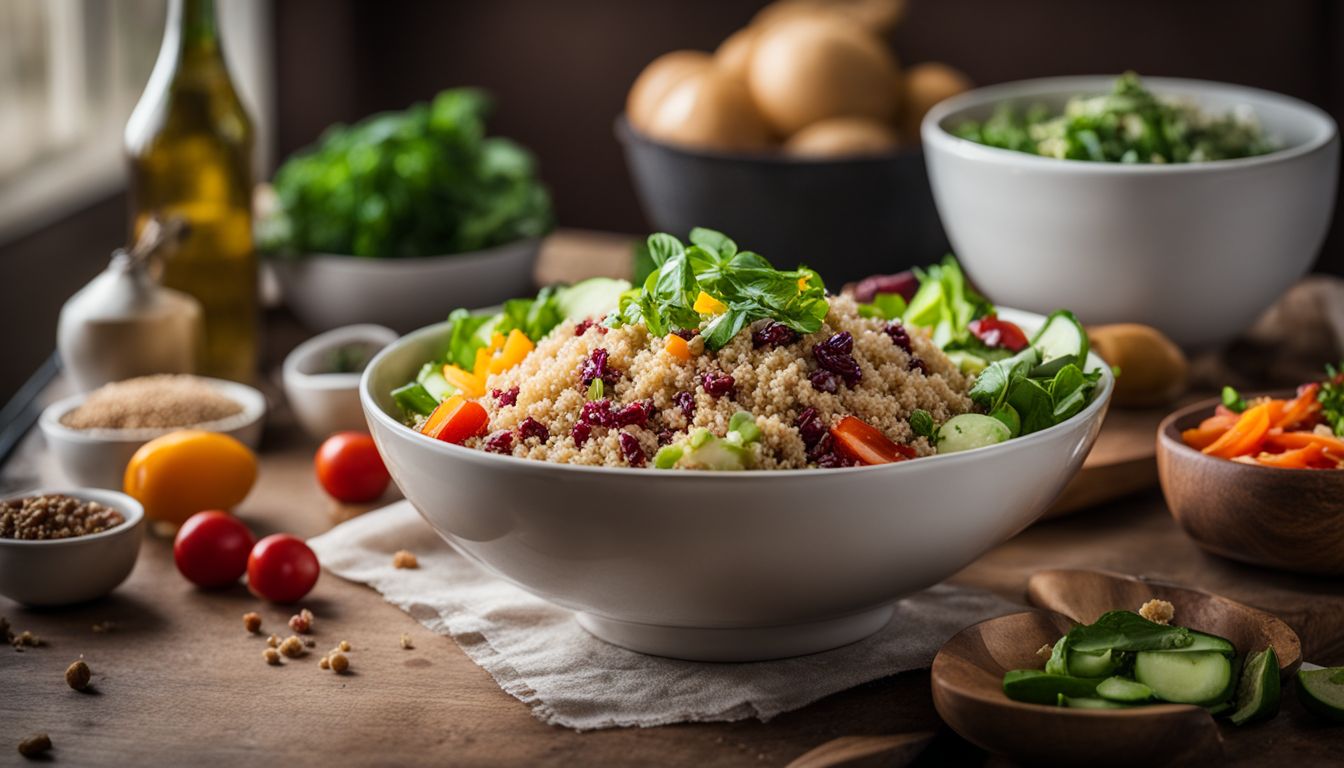 A Bowl Of Quinoa Surrounded By Fresh Salad Ingredients, With Diverse Individuals And A Bustling Atmosphere.