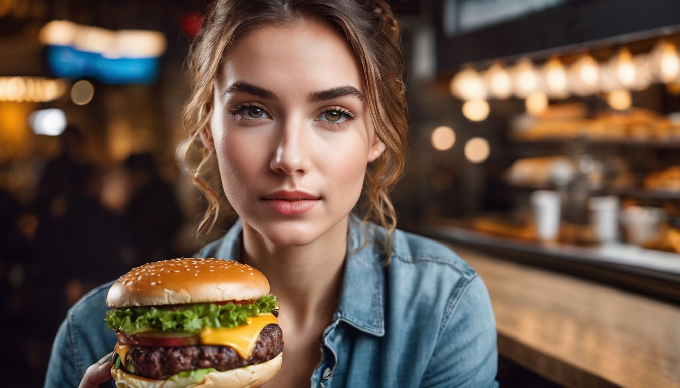 A person looks concerned while holding a burger in a fast food restaurant with a busy atmosphere.