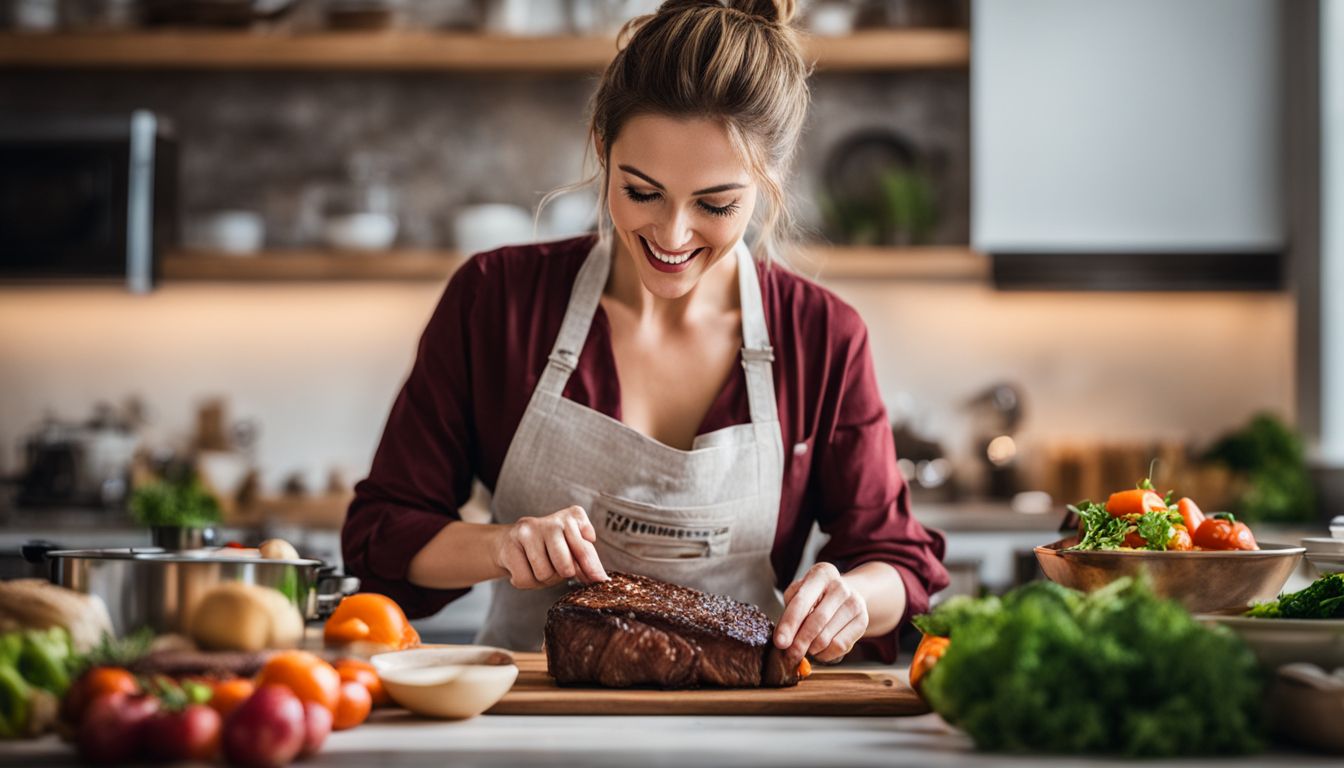 A Woman Happily Prepares A Beef Dish In A Well Equipped Kitchen For Food Photography.