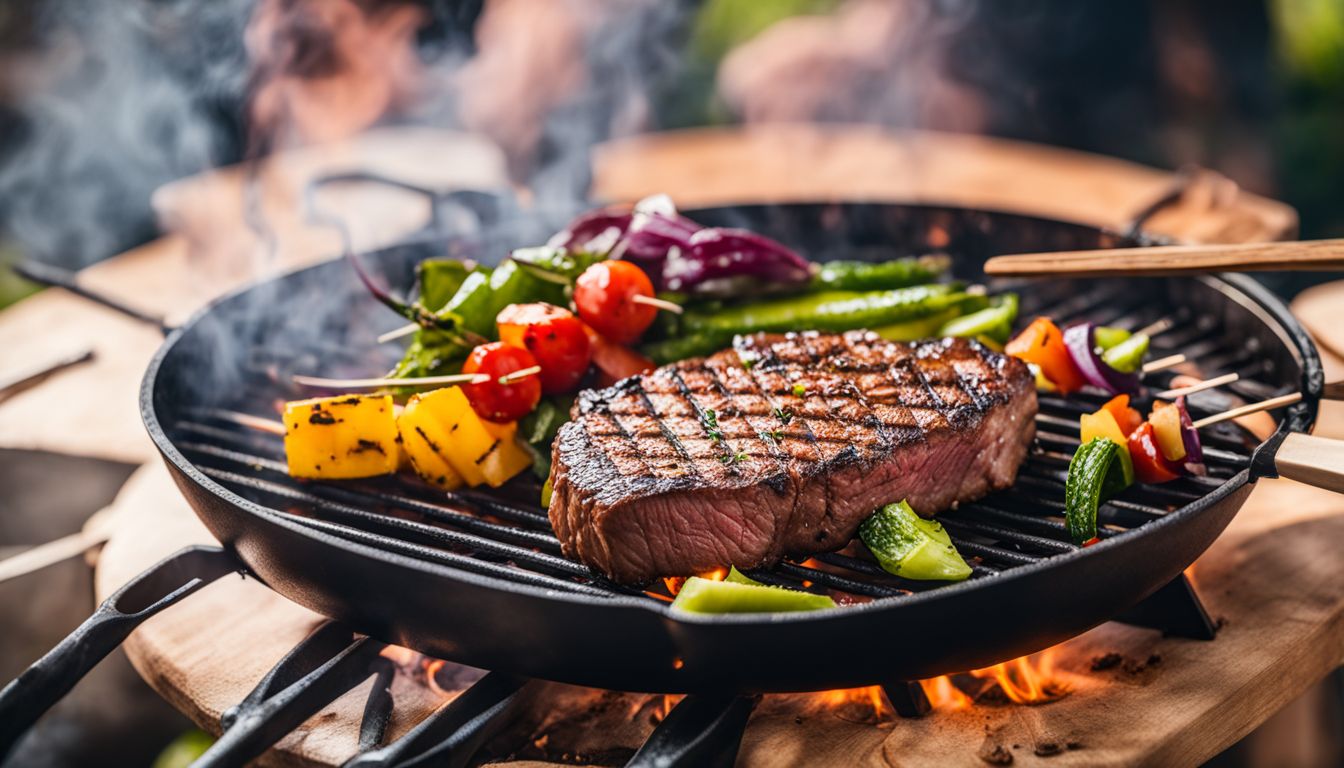 A Delicious Grilled Steak And Colorful Vegetable Skewers Cooking On A Barbecue Grill With A Bustling Atmosphere.