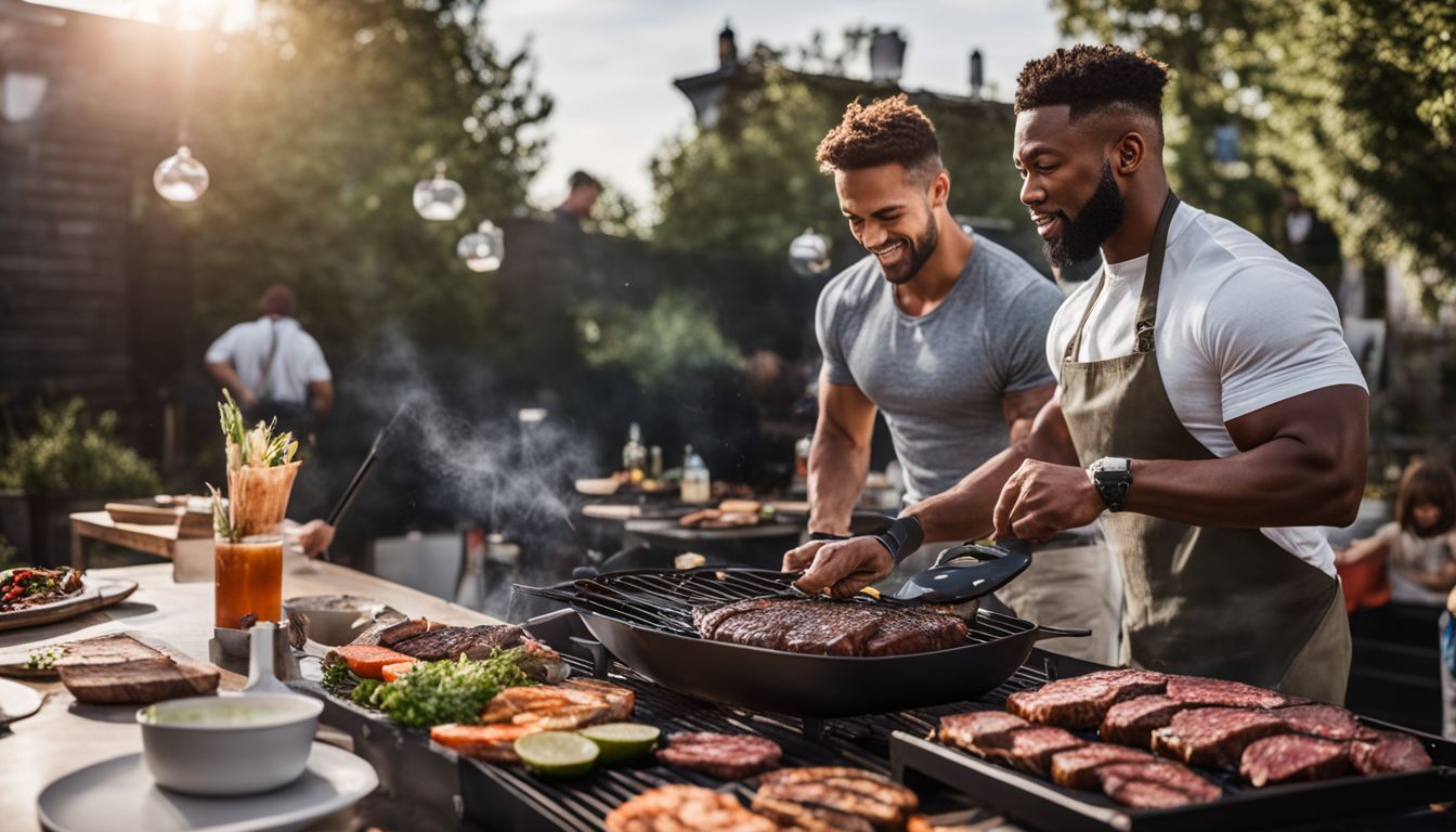 A Professional Athlete Grilling Steaks At An Outdoor Bbq In A Bustling Cityscape.