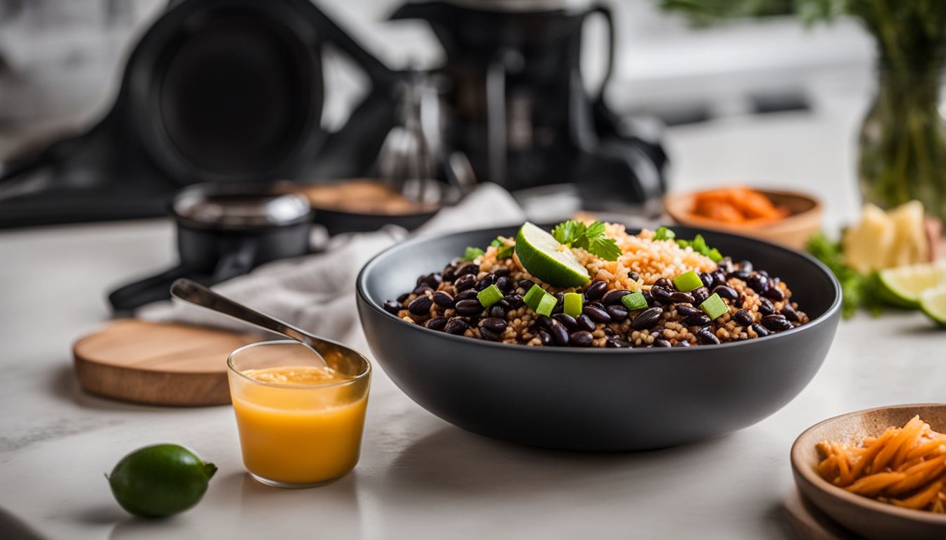 A Plate Of Black Beans And Rice With Sports Training Gear On A Kitchen Counter.