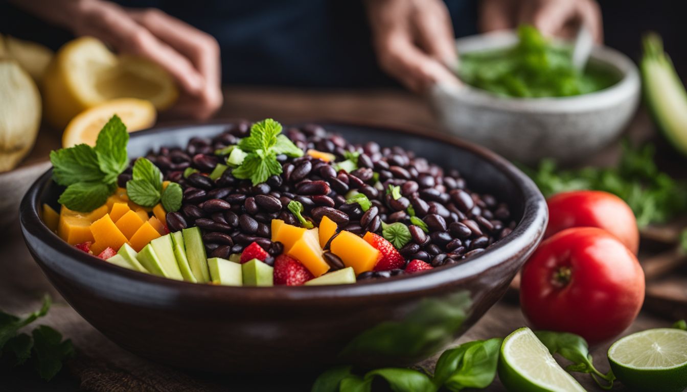 A Bowl Of Cooked Black Beans Surrounded By Fresh Fruits And Vegetables In A Bustling Atmosphere.