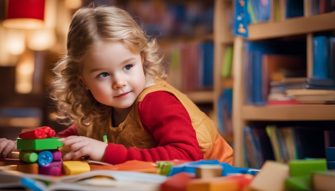 A young child is engaged in interactive play with educational toys and surrounded by books.