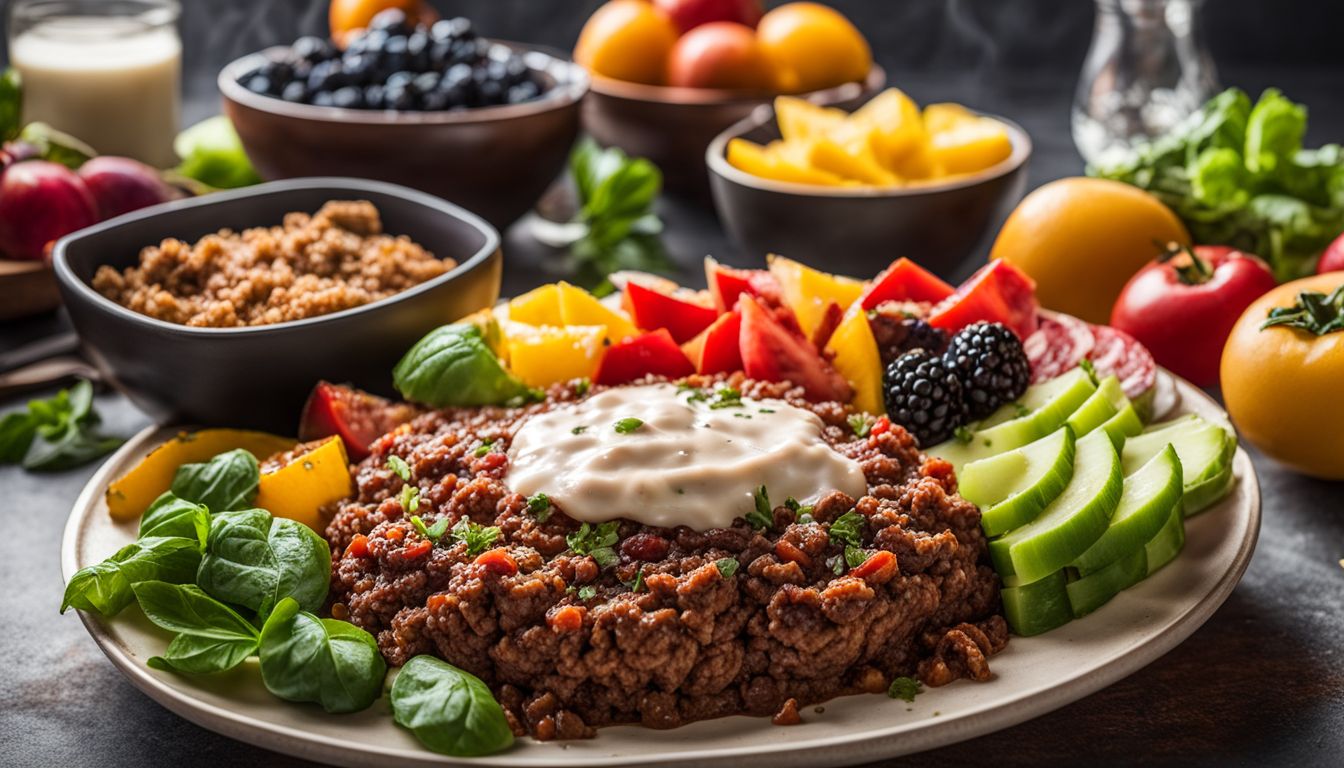 A plate of delicious and nutritious ground beef dishes surrounded by colorful fruits and vegetables, captured in a professional and vibrant food photography style.