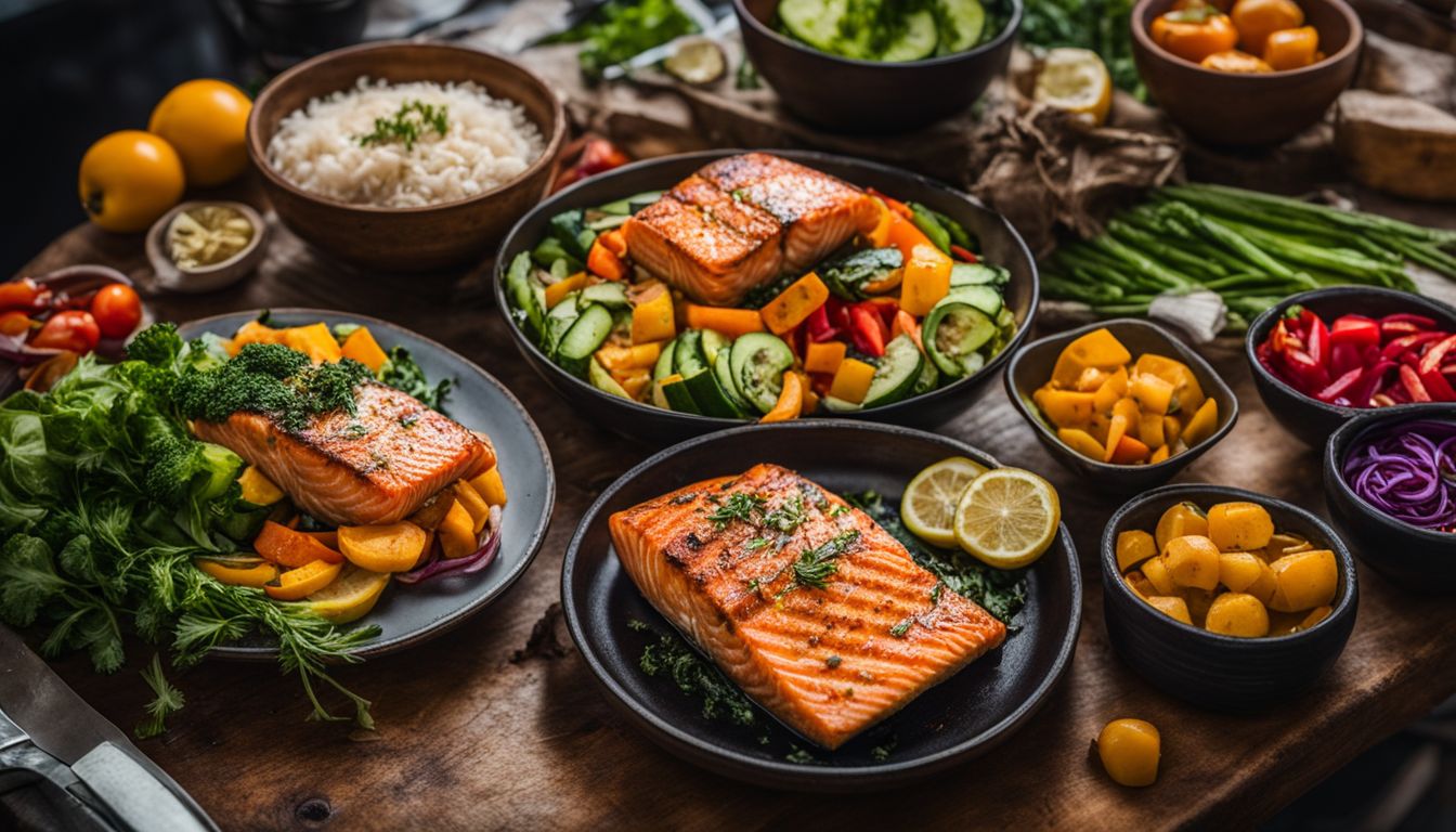 A photo of a delicious grilled salmon accompanied by colorful vegetables in a lively food market setting.