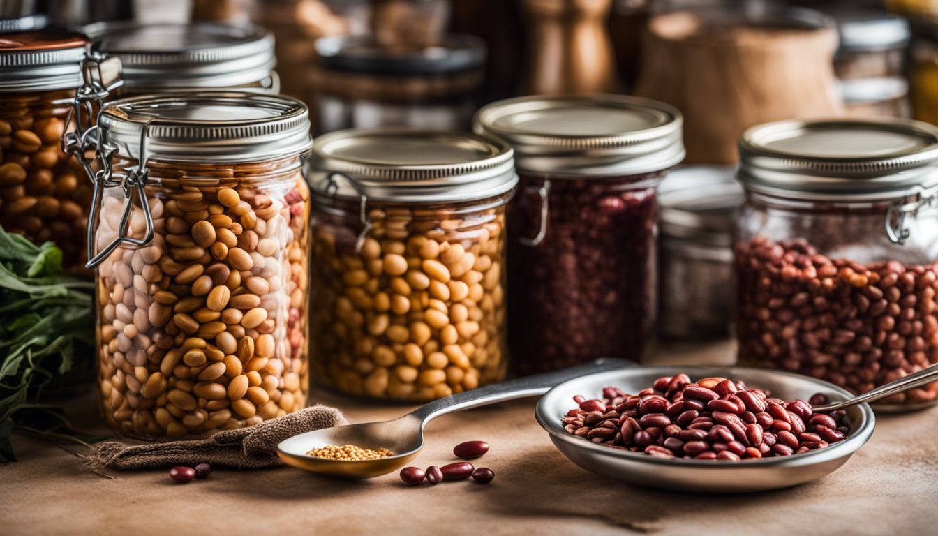 A Variety Of Dried And Canned Beans Are Displayed On A Kitchen Counter With Cooking Utensils.