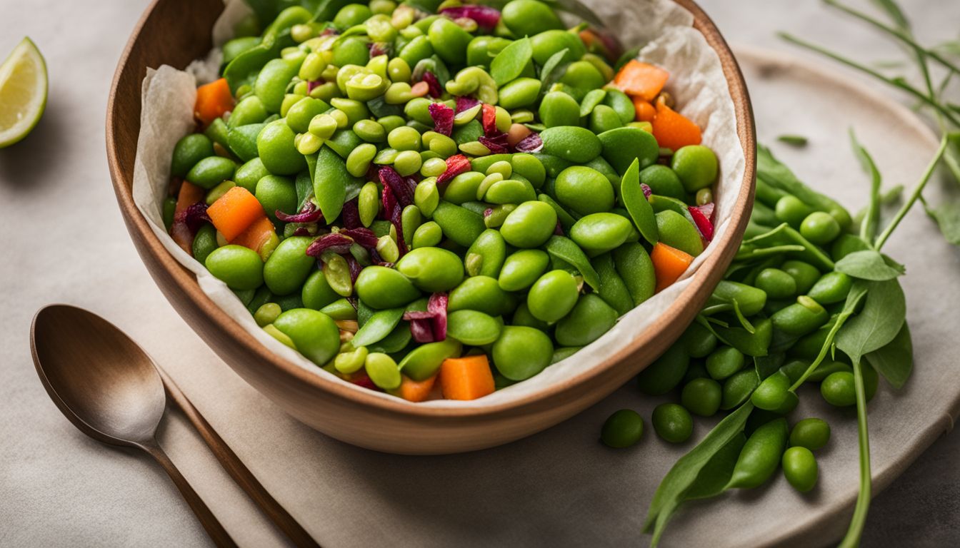 A Bowl Of Edamame Surrounded By Various Vegetables In A Bustling Setting Captured With A Dslr Camera.