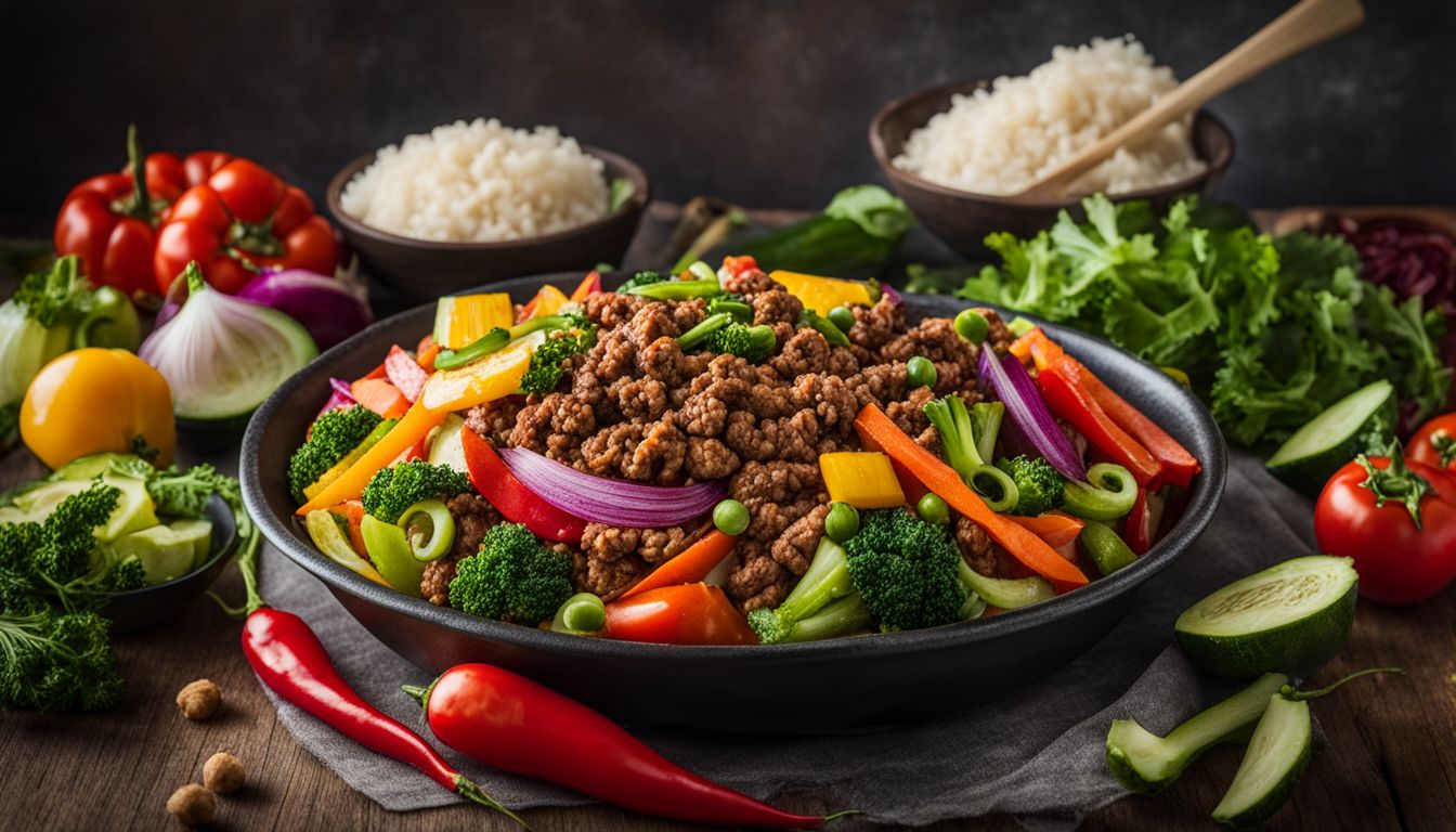 An appetizing assortment of vegetables and ground beef stir-fry captured in a vibrant and captivating food photograph.
