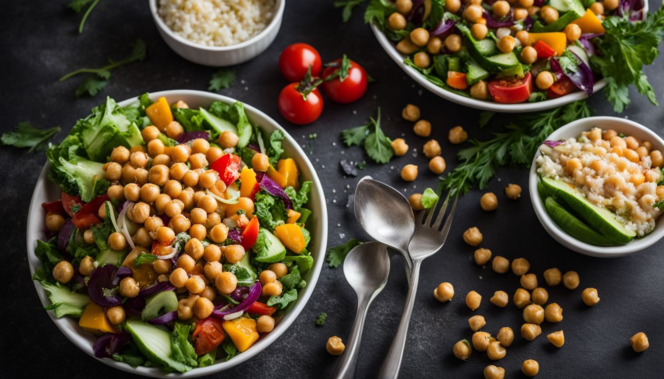 A vibrant salad with chickpeas and fresh vegetables is captured in a beautifully composed food photograph.