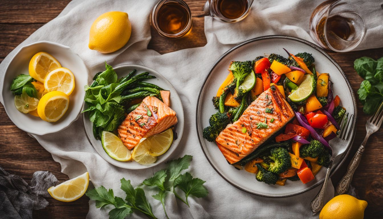 The image subject is a plate of grilled salmon with a variety of colorful vegetables and a diverse group of people.