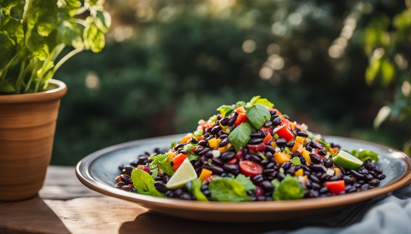 A Vibrant Plate Of Black Bean Salad In A Garden Setting, Featuring Diverse Faces And Outfits.
