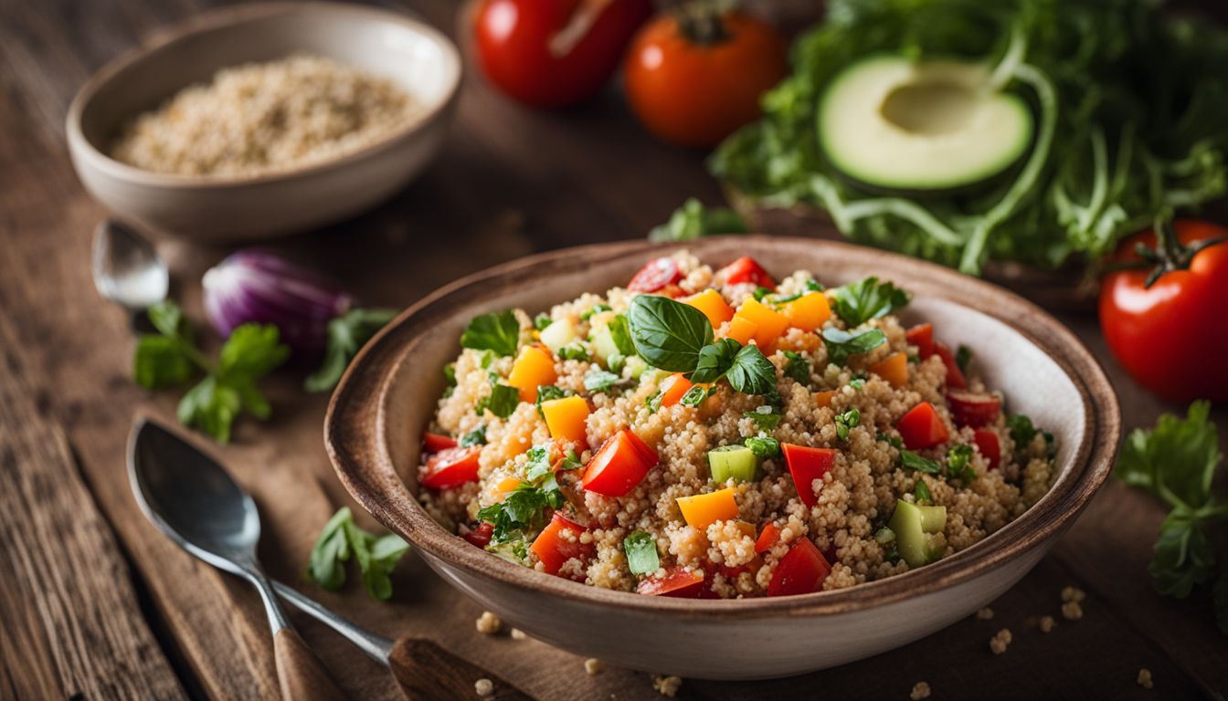 A Bowl Of Quinoa Salad With Fresh Vegetables On A Wooden Table In Natural Daylight.