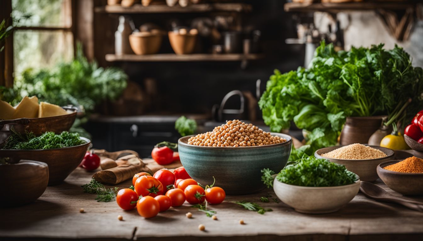 A bowl of chickpeas surrounded by fresh vegetables and herbs in a rustic kitchen, captured in an energetic and vibrant photograph.
