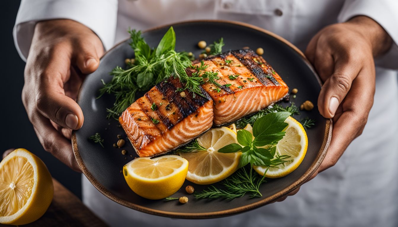 A photo of a chef proudly holding a perfectly prepared dish of grilled salmon with lemon and herbs.