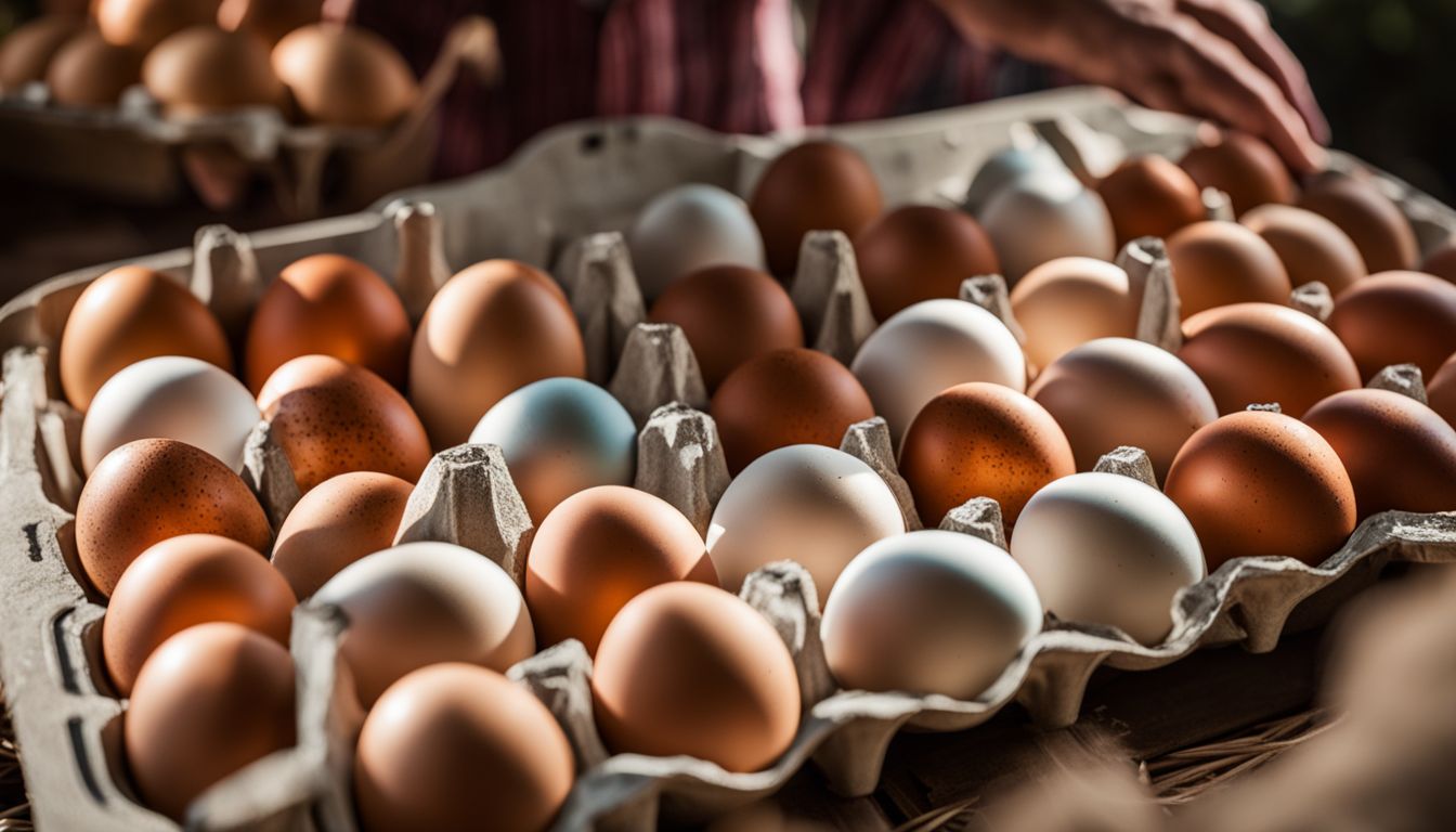 A farmer holds a carton of vibrant and nutritious eggs on a countryside farm.