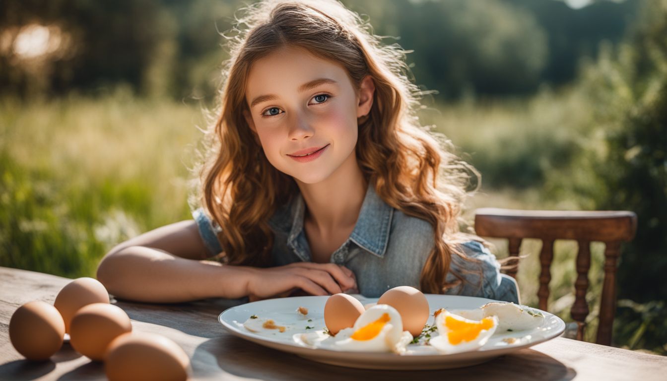 A girl sits at a breakfast table holding a plate of eggs in a bustling atmosphere.
