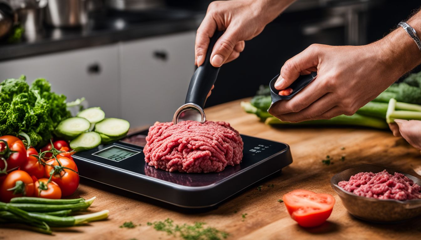 A photo of raw ground beef being measured on a kitchen scale surrounded by fresh vegetables and various people.