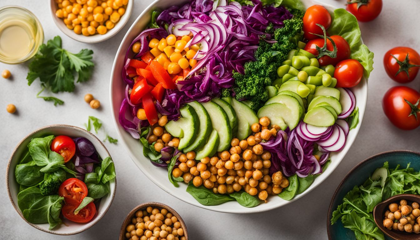 A vibrant salad bowl filled with colorful vegetables and chickpeas, surrounded by a diverse group of people.