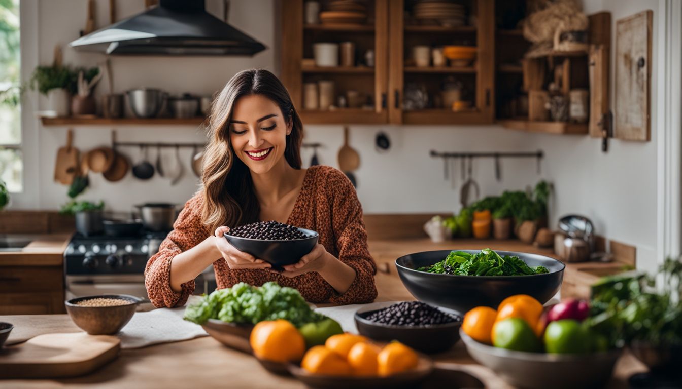 A Woman Holds A Bowl Of Black Beans In A Vibrant Kitchen For Food Photography.