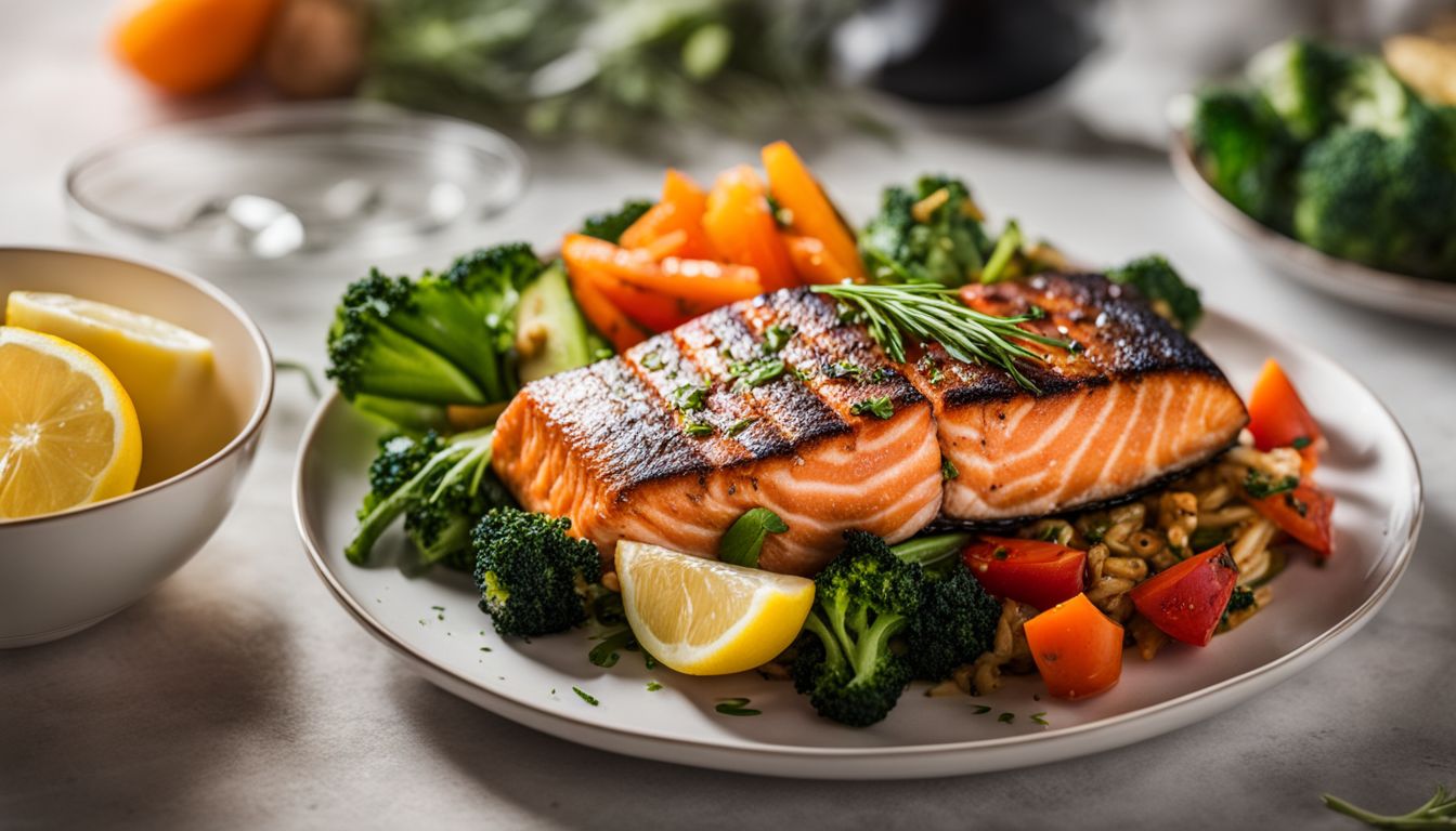 A photo of a plate of grilled salmon surrounded by vibrant vegetables, featuring various people and their different styles.
