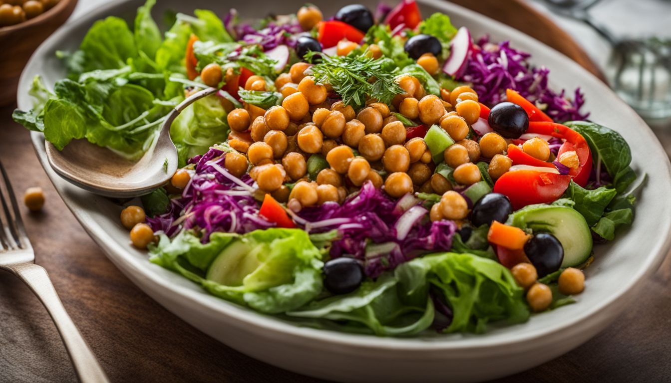 A vibrant salad with chickpeas and assorted vegetables, surrounded by diverse people with various hairstyles and outfits.