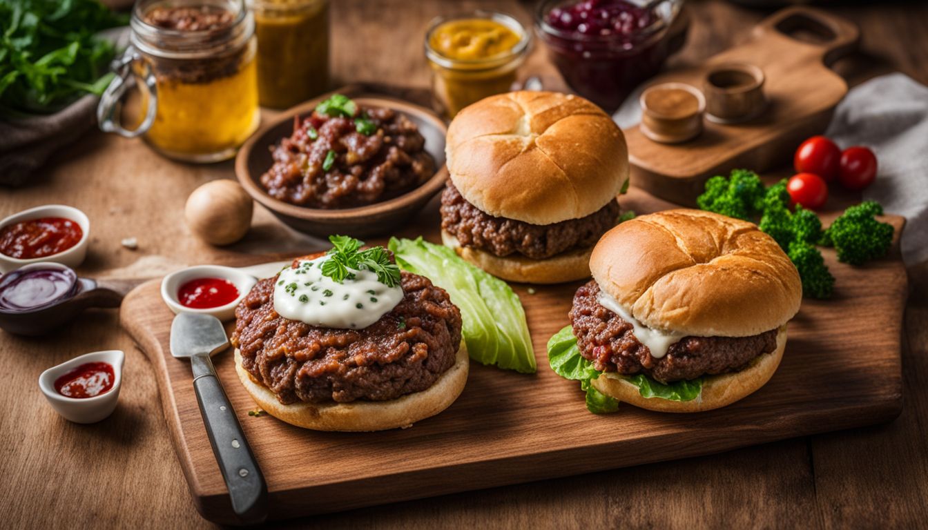 A mouthwatering burger with toppings and condiments, showcased in a vibrant and dynamic food photography composition.