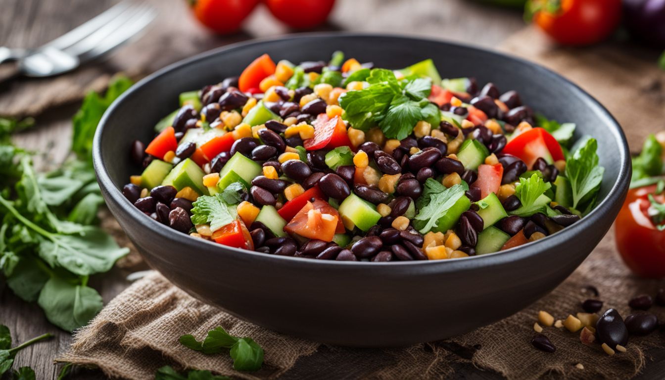 A Delicious Black Bean Salad On A Rustic Wooden Table Surrounded By Fresh Vegetables And A Bustling Atmosphere.