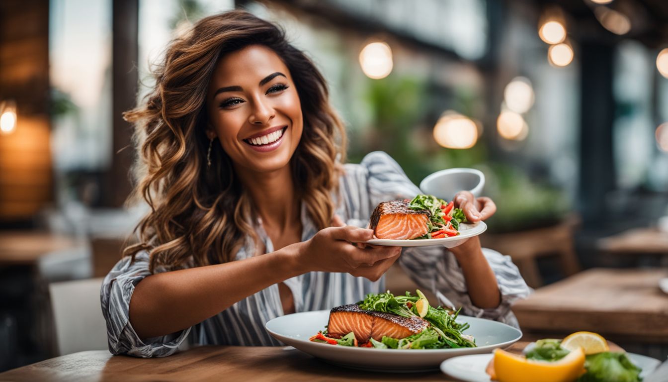 A joyful woman holds a plate of grilled salmon with a colorful salad in a bustling atmosphere.