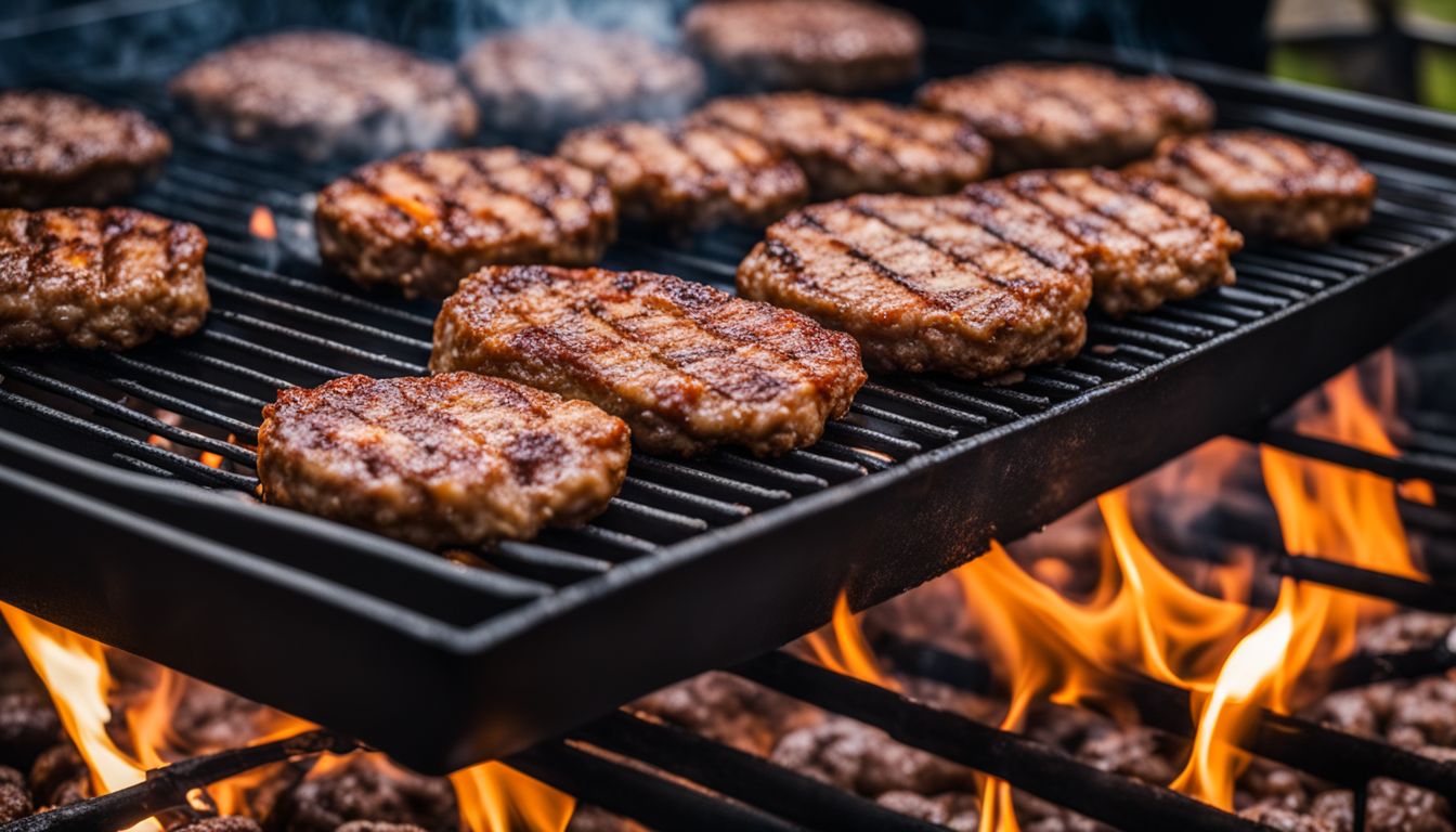 A photo of grilled ground beef patties cooking on a barbecue grill outdoors with various people and a bustling atmosphere.