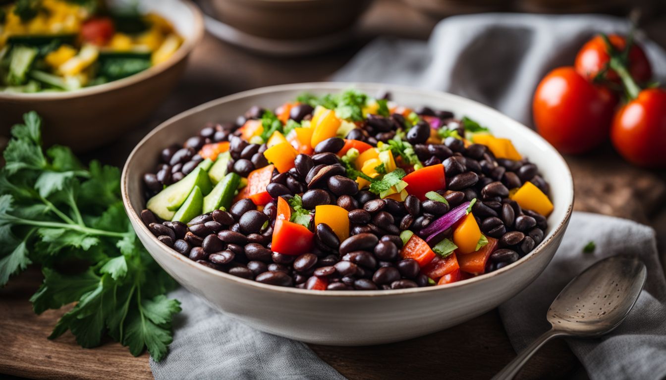 A Bowl Of Colorful Vegetable Black Bean Salad On A Rustic Kitchen Table.