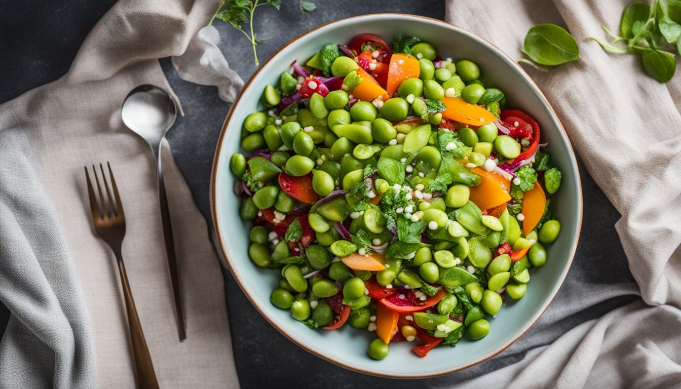 A Colorful Vegetable Salad With Edamame Set In A Vibrant Outdoor Garden.