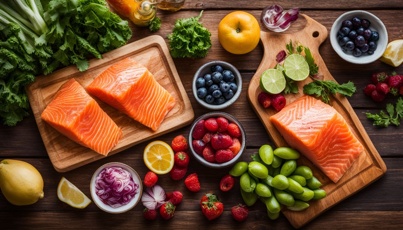 A photo featuring fresh salmon fillets surrounded by a variety of colorful fruits and vegetables.