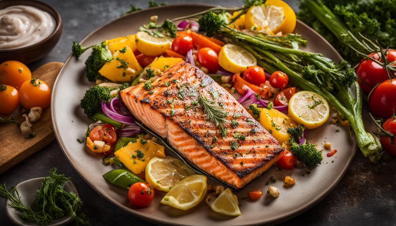A photo of freshly grilled salmon fillets with a variety of colorful vegetables.