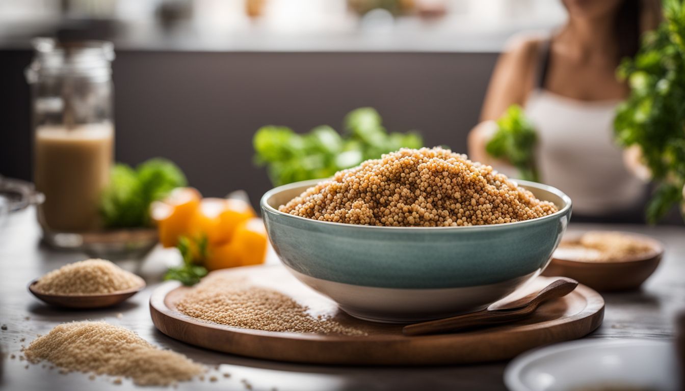A Bowl Of Quinoa Surrounded By Various Protein Rich Foods, Nature Photography, And Diverse People In Different Outfits.