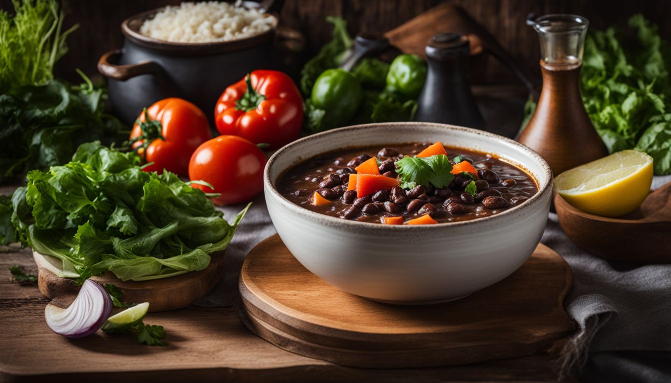 A Hearty Black Bean Stew Served On A Rustic Wooden Table Surrounded By Fresh Vegetables And A Bustling Atmosphere.