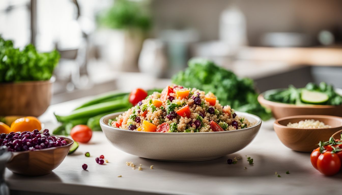 A Bowl Of Colorful Quinoa Salad Surrounded By Fresh Vegetables In A Bustling Kitchen.