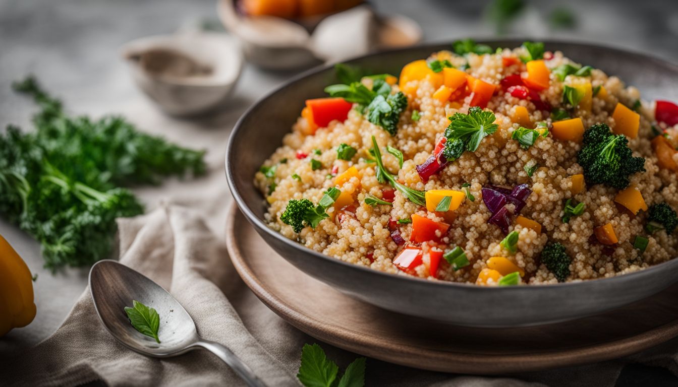 A Bowl Of Cooked Quinoa With Colorful Vegetables And Herbs, Surrounded By A Variety Of People And A Bustling Atmosphere.