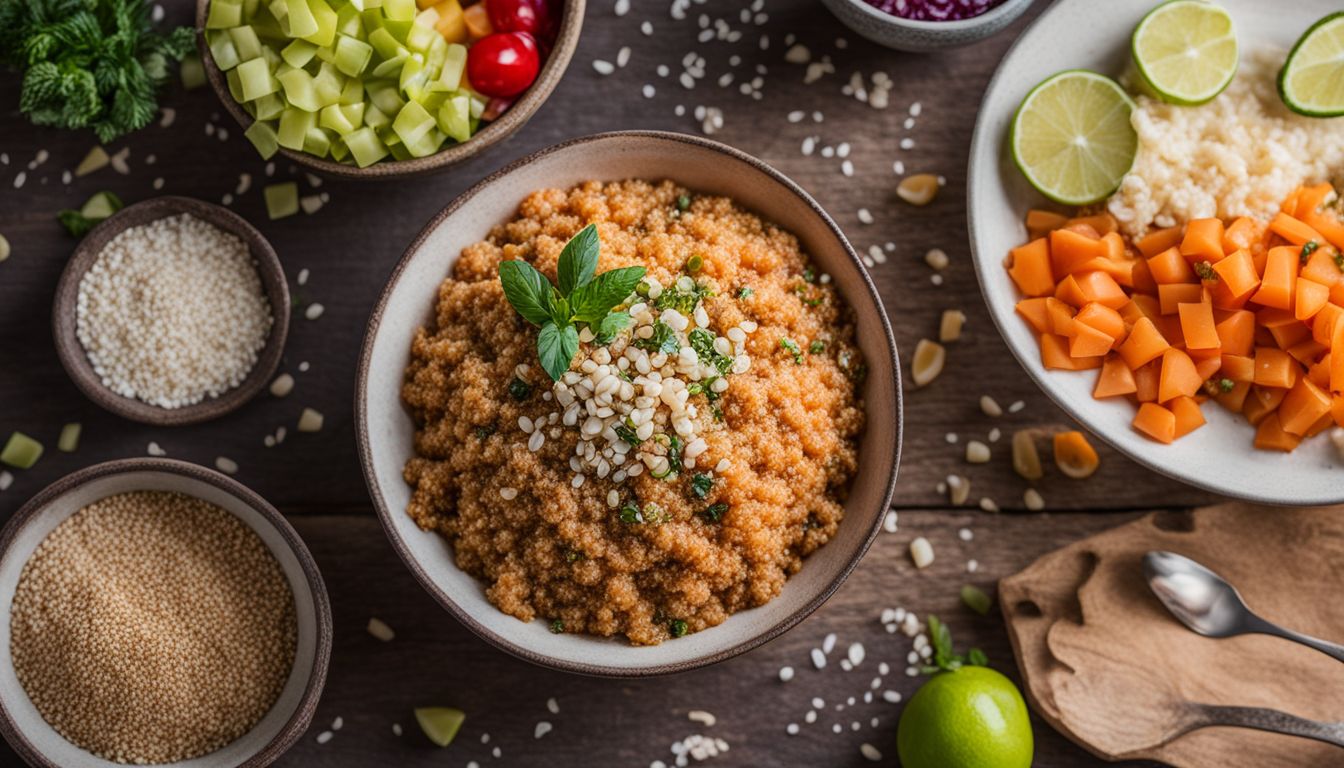 A Bowl Of Quinoa Surrounded By Various Colorful And Nutritious Food Sources In A Bustling Atmosphere.
