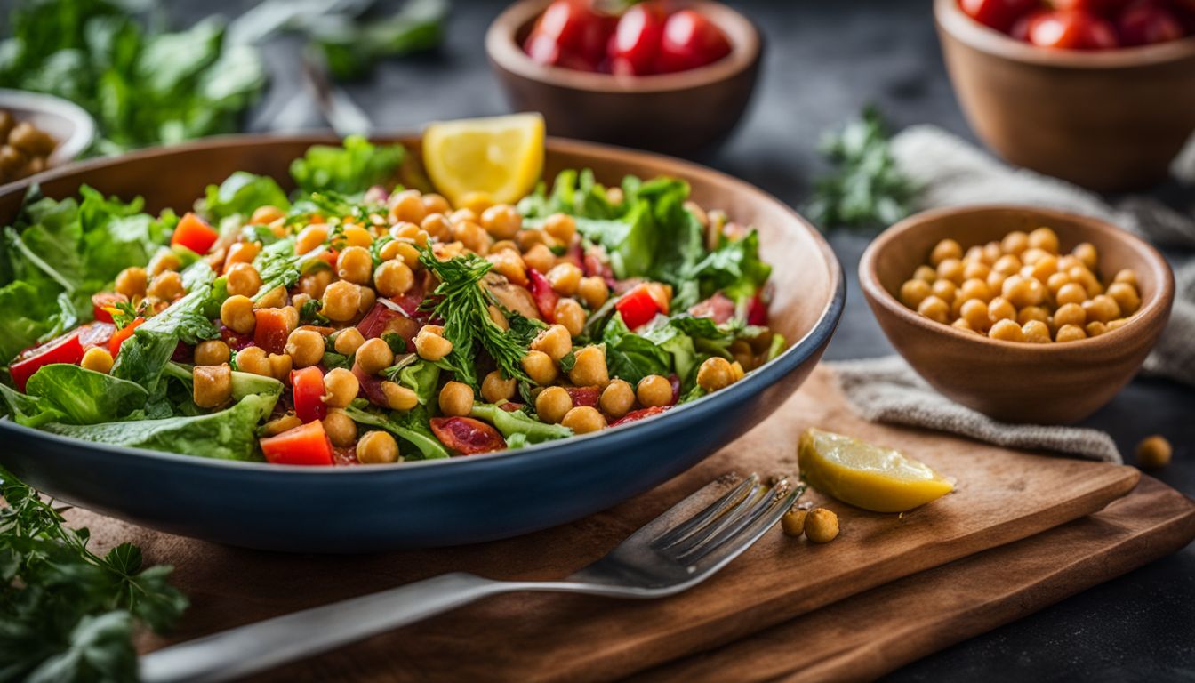 A vibrant salad with chickpeas being photographed in a busy, lively setting.
