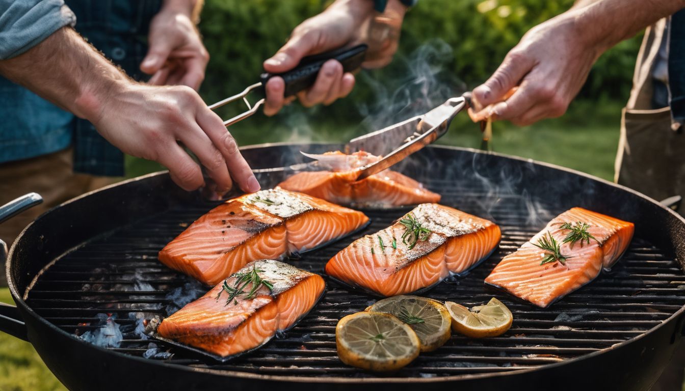 A person grilling salmon on a barbecue in a backyard, capturing the bustling atmosphere and photorealistic details.