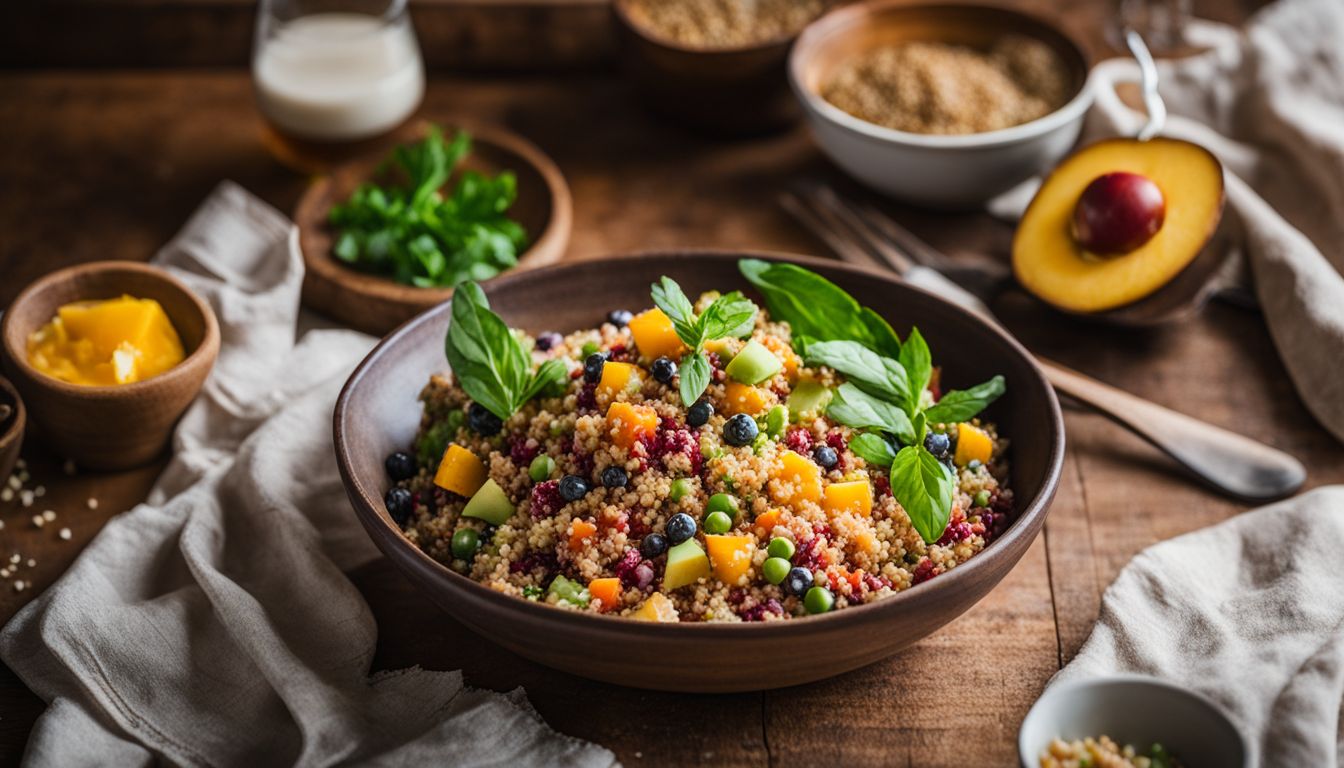 A Colorful Quinoa Salad In A Rustic Kitchen Setting With Various People Enjoying The Bustling Atmosphere.