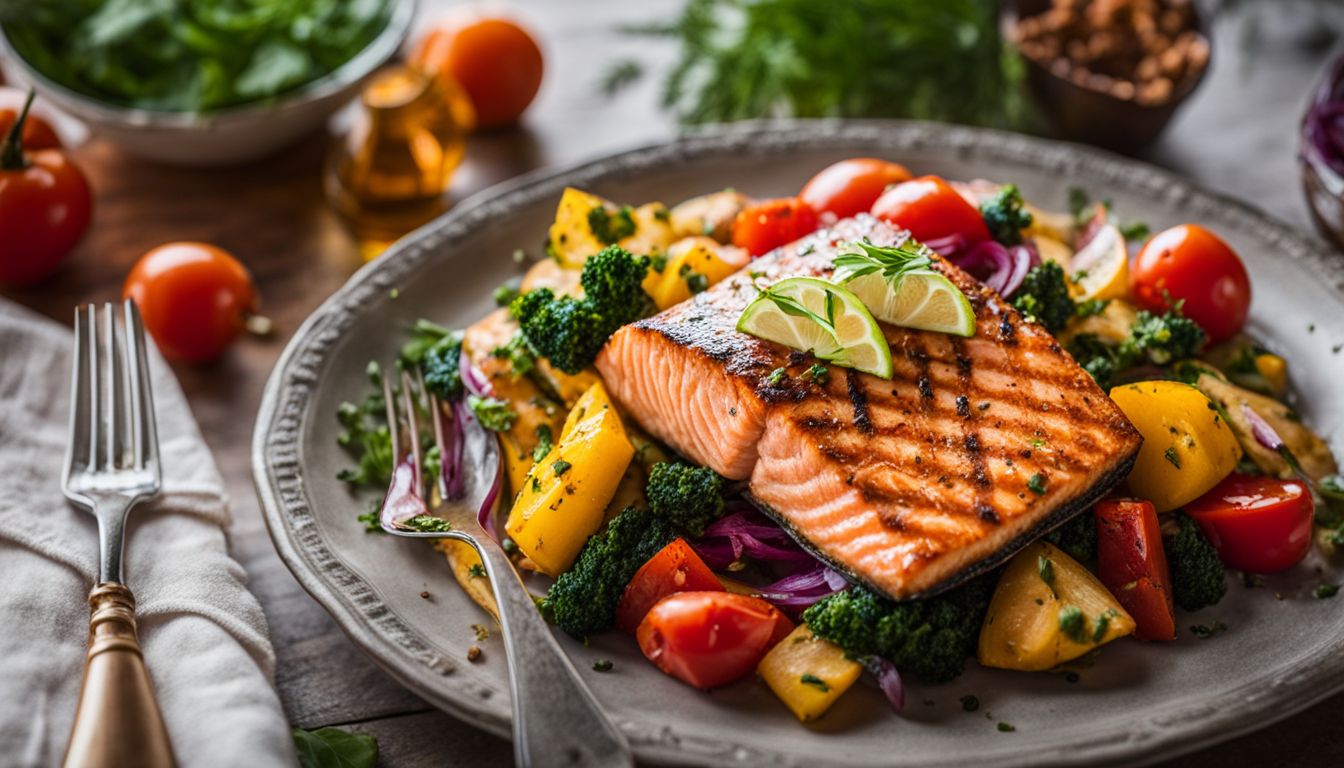 A close-up photo of a plate with grilled salmon surrounded by colorful vegetables in a bustling atmosphere.