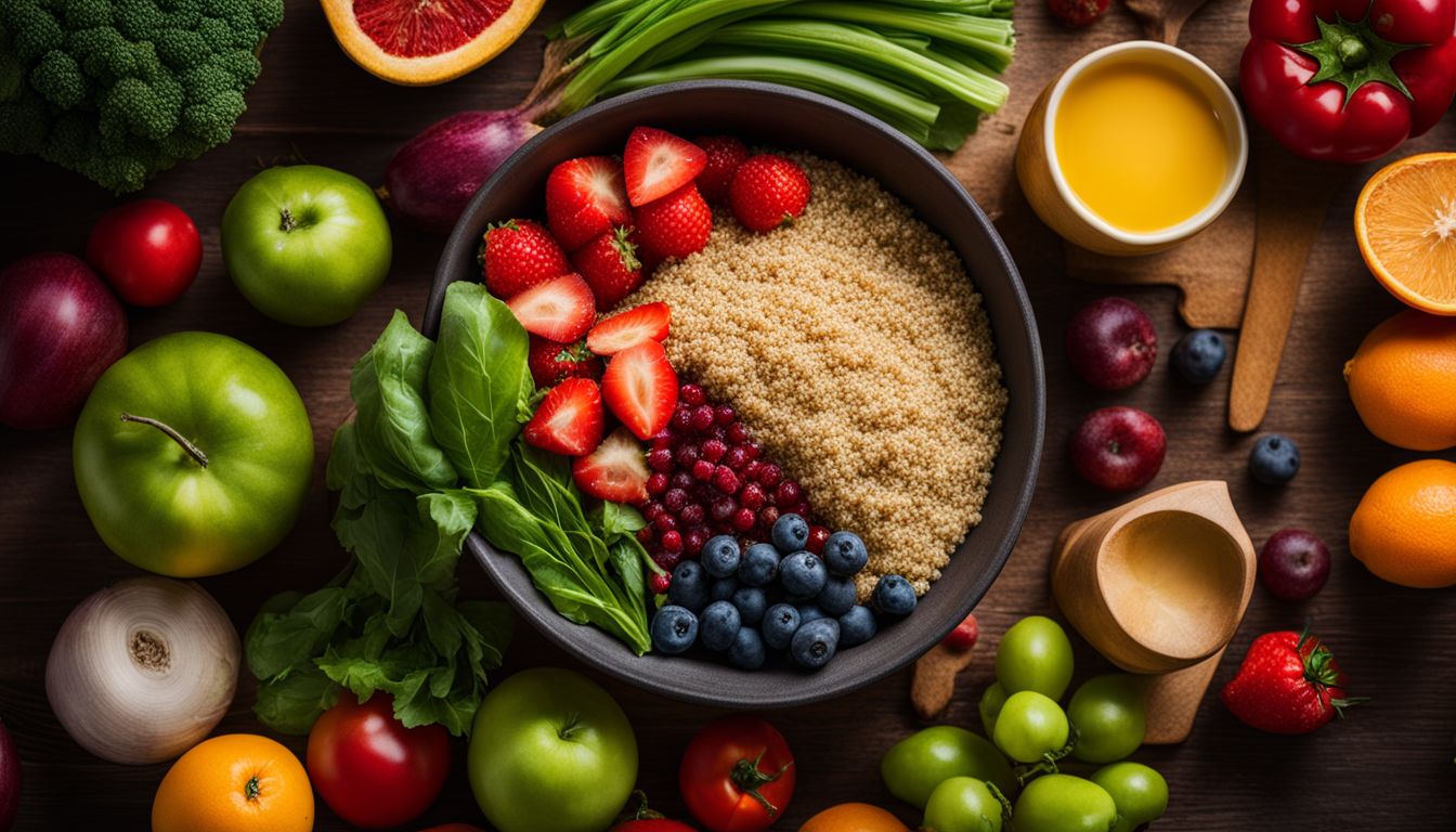 A Bowl Of Quinoa And Fresh Fruits And Vegetables In A Gym Setting.