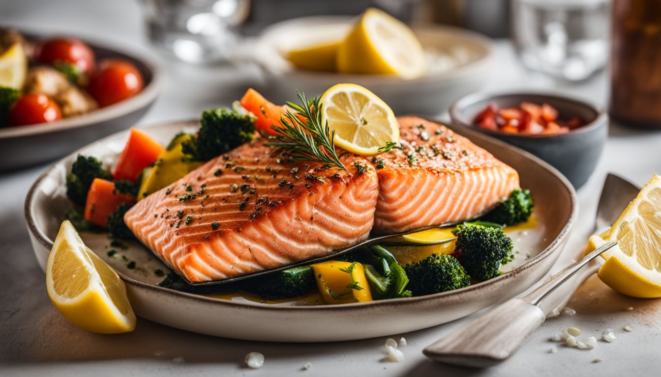 A photo of a deliciously cooked salmon fillet with colorful vegetables and a lemon wedge.