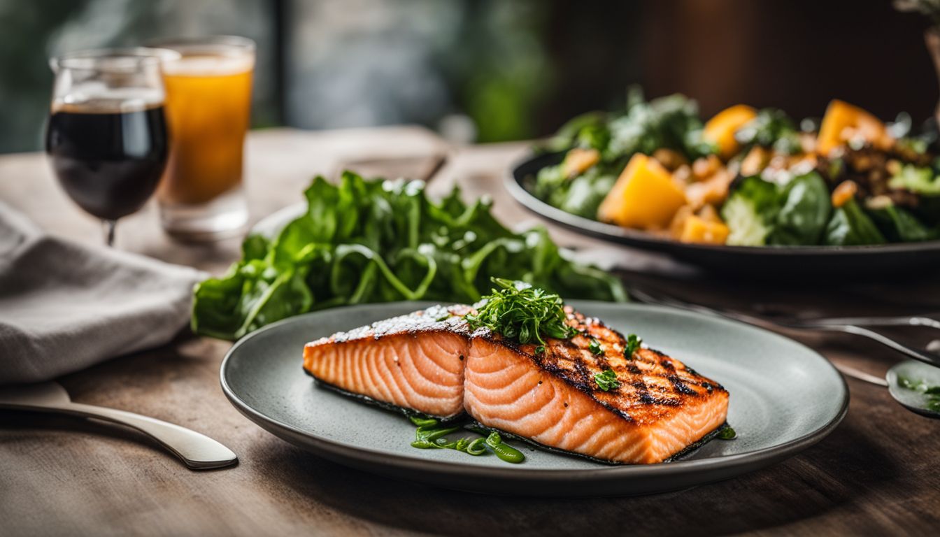 A photograph of a plate of grilled salmon with a side of leafy greens, showcasing various people with different hairstyles and outfits.