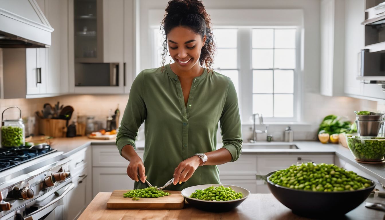 A Person Prepares A Protein Packed Edamame Salad In A Vibrant Kitchen.