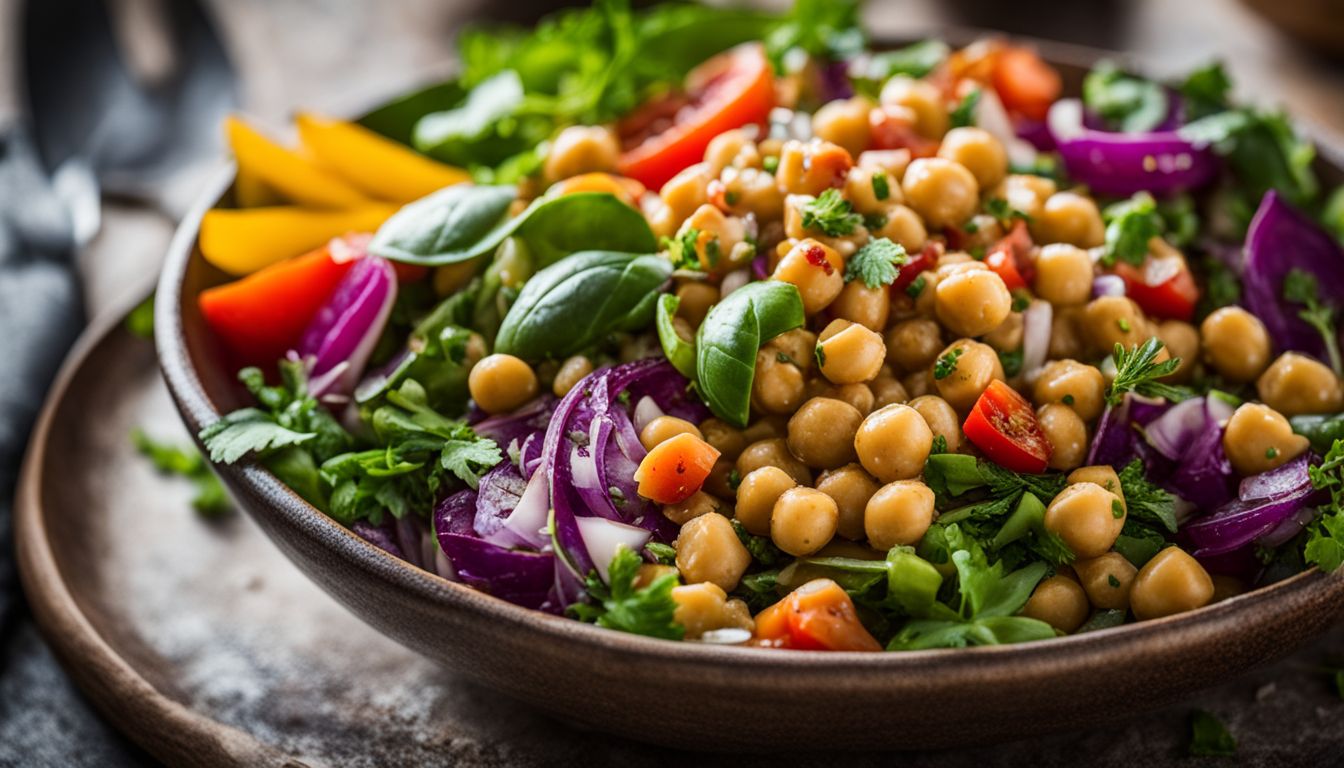 The photo features a colorful chickpea salad with various ingredients and a bustling atmosphere.