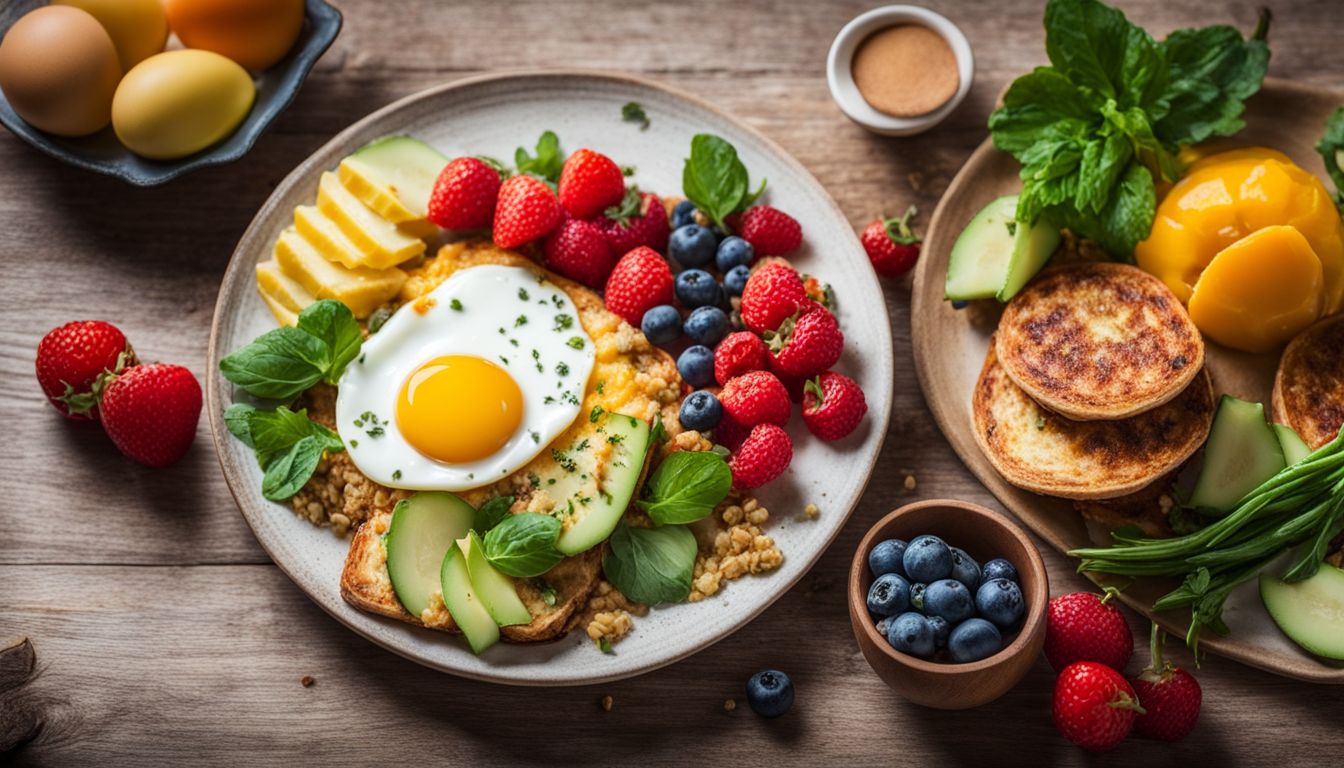 A vibrant and nutritious egg-based breakfast surrounded by fresh fruits and vegetables, captured in a bustling atmosphere.